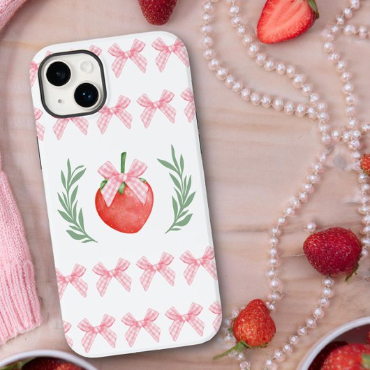 Preppy Strawberry Pink Gingham Bows Laurel Wreath Case-Mate iPhone Hülle