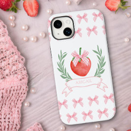 Preppy Strawberry Pink Gingham Bows Personalisiert Case-Mate iPhone 14 Plus Hülle