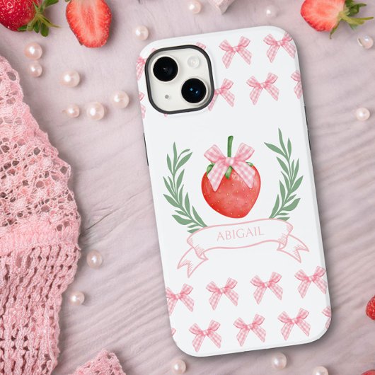 Preppy Strawberry Pink Gingham Bows Personalisiert Case-Mate iPhone Hülle