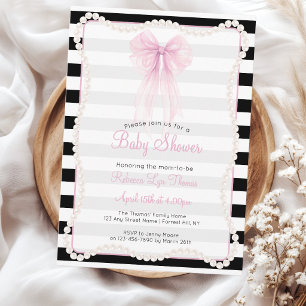 Preppy Streifen Rosa Schleife Perlen Babyparty Einladung