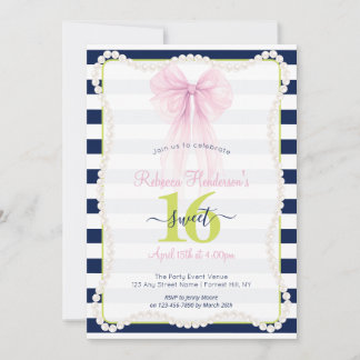 Preppy-Streifen Rosa Schleife Perlen Sweet 16 Einladung