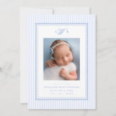 Preppy Stripe Monogram Photo Birth Announcement Ankündigung (Vorderseite)