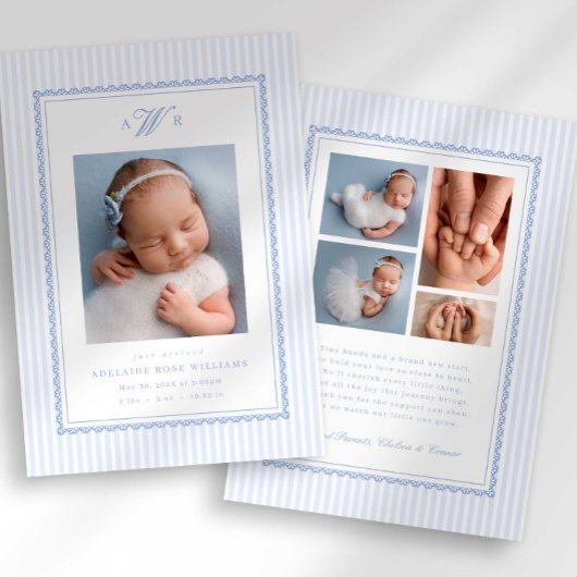 Preppy Stripe Monogram Photo Birth Announcement Ankündigung