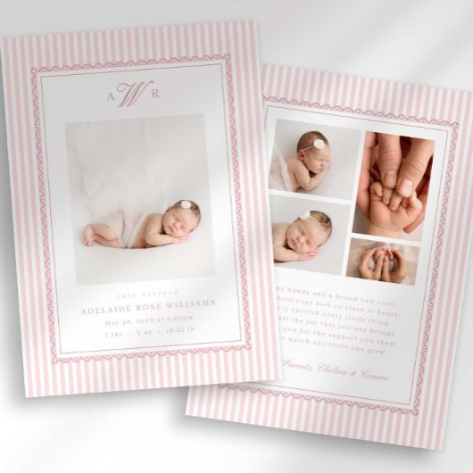 Preppy Stripe Monogram Photo Birth Announcement Ankündigung