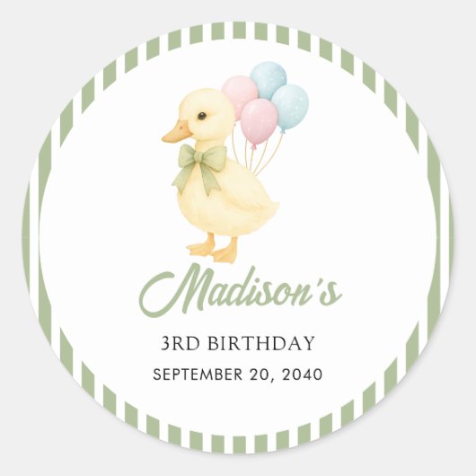 Preppy Stripes Cute Duck Theme Kids Birthday Party Runder Aufkleber (Vorderseite)