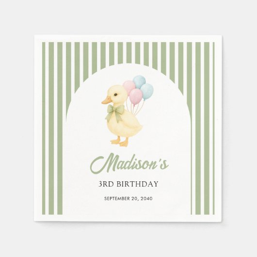 Preppy Stripes Cute Duck Theme Kids Birthday Party Serviette (Vorderseite)