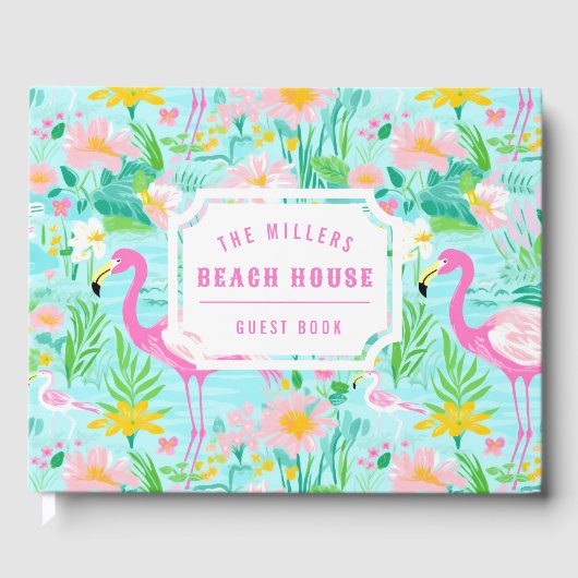 Preppy Summer Flamingo | Monogramm Gästebuch (Vorderseite)