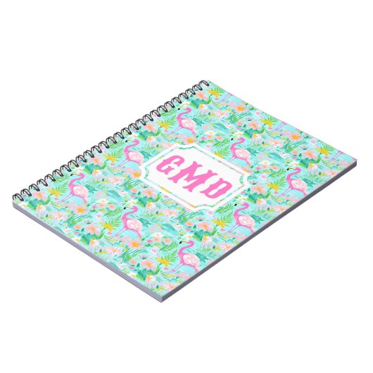 Preppy Summer Flamingo | Monogramm Notizblock (Linke Seite)