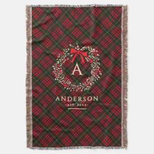 Preppy Tartan Holiday Wreath Monogramm und Name Decke
