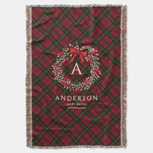 Preppy Tartan Holiday Wreath Monogramm und Name Decke (Vorderseite Vertikal)