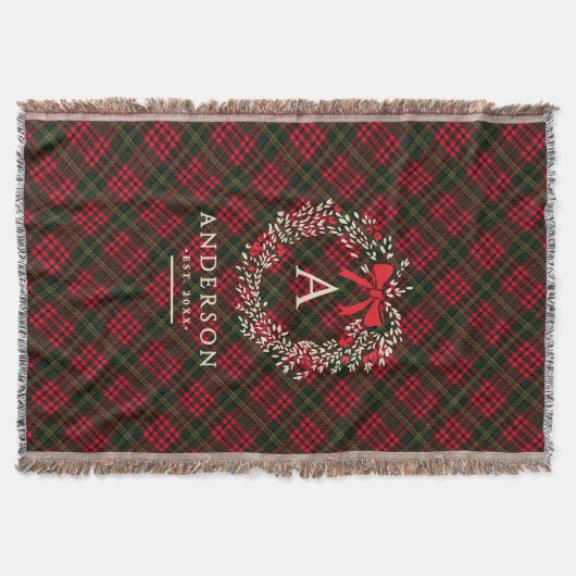 Preppy Tartan Holiday Wreath Monogramm und Name Decke (Vorderseite)