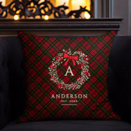 Preppy Tartan Holiday Wreath Monogramm und Name Kissen