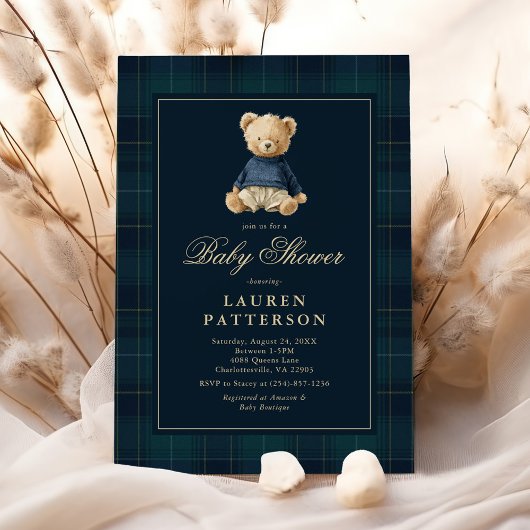 Preppy Tartan Polo Bear Baby Shower Einladung