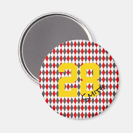 Preppy Team Spirit Rauten Red Black Player Number Magnet (Vorderseite/Rückseite)