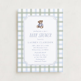 Preppy Teddy Bear Blue and Sage Plaid Baby Shower  Einladung