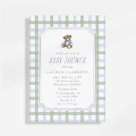 Preppy Teddy Bear Blue and Sage Plaid Baby Shower  Einladung
