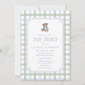 Preppy Teddy Bear Blue and Sage Plaid Baby Shower Einladung (Vorderseite)
