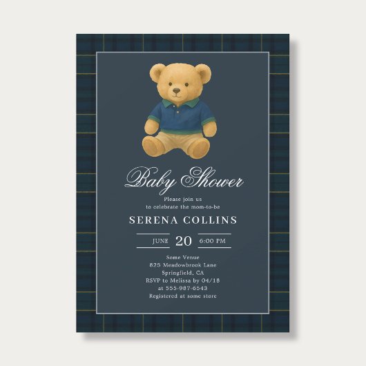 Preppy Teddy Bear Blue Baby Dusche Einladung
