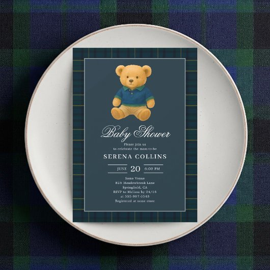 Preppy Teddy Bear Blue Baby Dusche Einladung