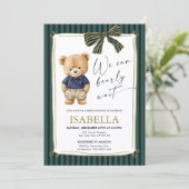Preppy Teddy Bear Blue Green Baby Shower  Einladung (Stehend Vorderseite)