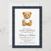 Preppy Teddy Bear Kariert Babydusche Einladung (Vorderseite)