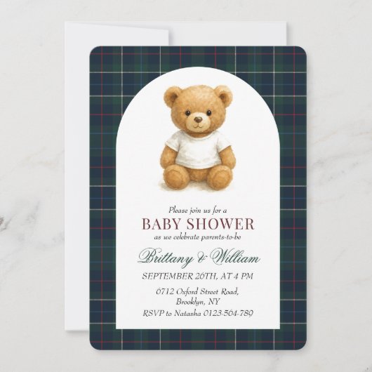 Preppy Teddy Bear Kariert Babydusche Einladung (Vorderseite)