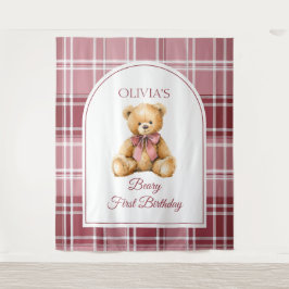 Preppy Teddy Bear Pink Bow Birthday Photo Backdrop Wandteppich