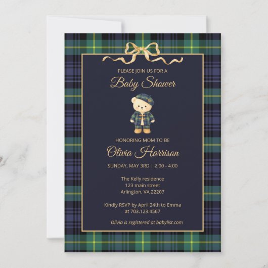 Preppy Teddy Bear Plaid Baby Shower Invitation Einladung (Vorderseite)