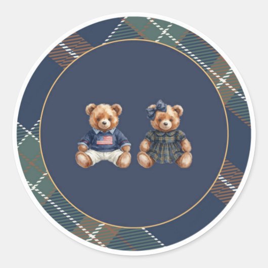 Preppy Teddy Bear Sticker Navy Plaid (Vorderseite)