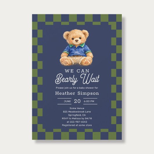 Preppy Teddy Bearly Wait Checkboard Baby Shower Einladung