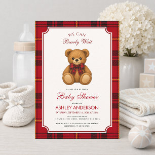 Preppy-Teddybär-Mädchen-Baby-Party Rot-schwarz kar Einladung