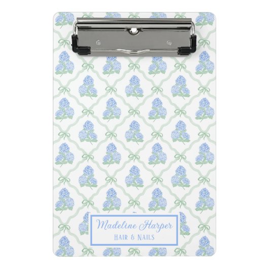 Preppy Trellis Bow Blue & Green Hydrangeas Monogra Mini Klemmbrett (Vorderseite)