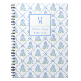 Preppy Trellis Bow Blue & Green Hydrangeas Monogra Notizblock