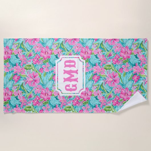 Preppy Tropical Hibisken Blume | Monogramm Strandtuch (Vorderseite)