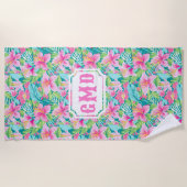 Preppy Tropical Hibisken Blume | Monogramm Strandtuch (Vorderseite)
