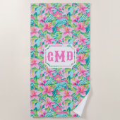Preppy Tropical Hibisken Blume | Monogramm Strandtuch (Vorderseite)