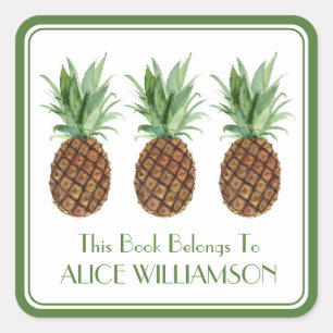 Preppy Tropical Pineapes Personalisiertes Buchzeic Quadratischer Aufkleber