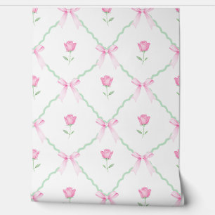 Preppy Tulip Pink Bows Scallop Grandmillennial Tapete