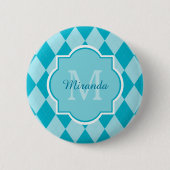 Preppy Turquoise Raute Girly Monogram und Name Button (Vorderseite)
