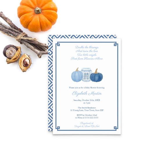 Preppy Twin Boys Pumpkins Autumn Baby ShowParty Einladung