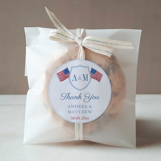 Preppy USA Flag Monogram Gastgeschenk Hochzeit Vie Runder Aufkleber