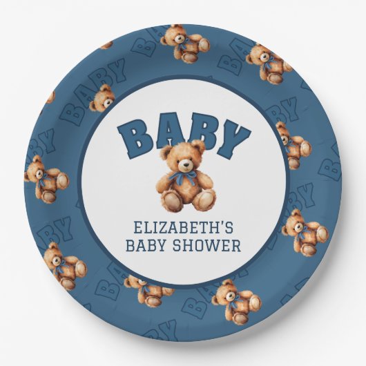 Preppy Varsity Teddy Bear Baby Shower Pappteller (Vorderseite)