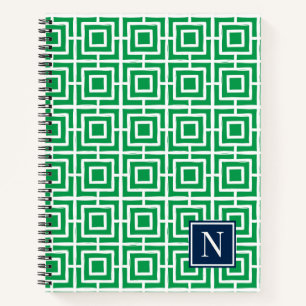 Preppy-Viereckgitter-Monogramm – Grün & Navy Notizblock