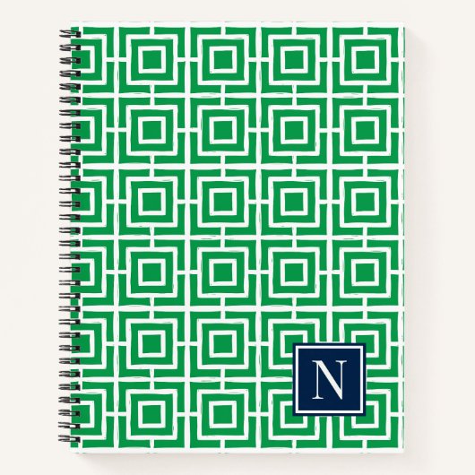 Preppy-Viereckgitter-Monogramm – Grün & Navy Notizblock (Vorderseite)