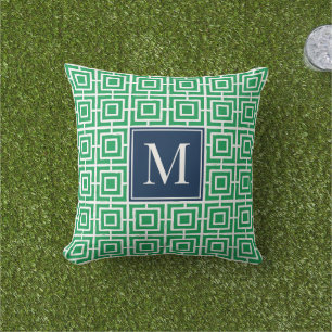 Preppy-Viereckgitter-Monogramm – Grün und Navy Kissen