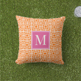 Preppy-Viereckgitter-Monogramm in Hot Pink und Ora Kissen