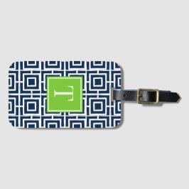 Preppy-Viereckgitter-Monogramm – Marineblau & Lime Gepäckanhänger