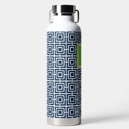 Preppy-Viereckgitter-Monogramm – Marineblau & Lime Trinkflasche