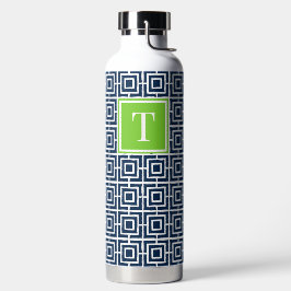 Preppy-Viereckgitter-Monogramm – Marineblau & Lime Trinkflasche