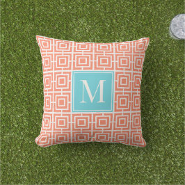 Preppy-Viergitter-Monogramm - Koralle & Türkis Kissen